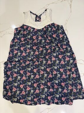 Eyeshadow Navy Floral Sundress with White Lace Yoke